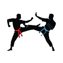 Two karate fighters training silhouette