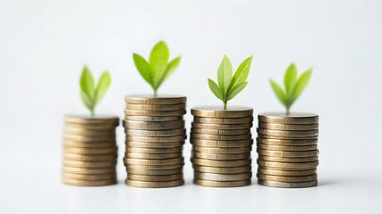A stack of coins with a green leaf on top
