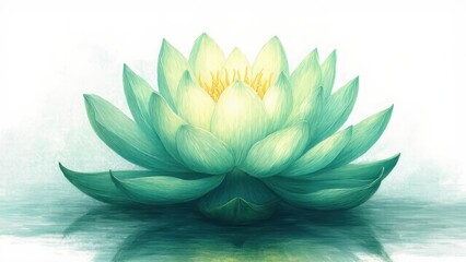 Fototapeta premium drawing of a lotus flower with green leaves on a white background
