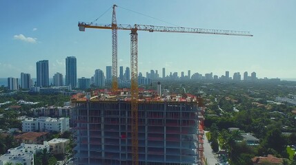 Fototapeta premium Cranes towering above a modern residential apartment under construction, Miami cityscape in the background, vibrant sunlight highlighting urban development 
