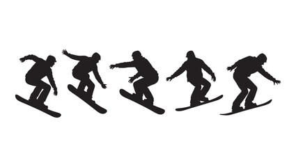 silhouettes of people snowboarding with different position