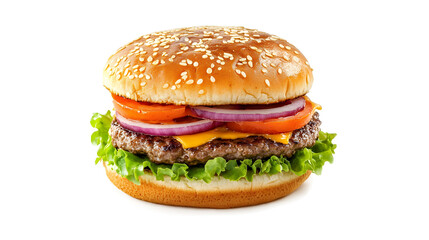 A hamburger with lettuce, tomato, and onions