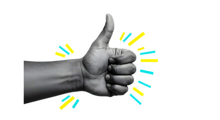 Thumbs-Up Hand Gesture in Black and White Collage art Effect on Transparent Background