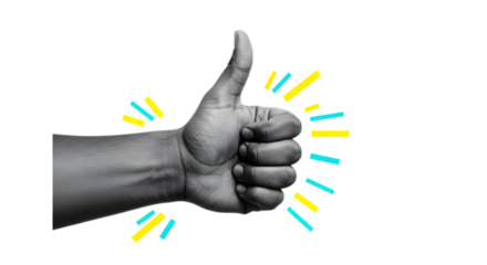 Thumbs-Up Hand Gesture in Black and White Collage art Effect on Transparent Background