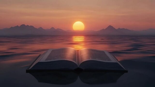 Inspirational video background, waves lapping around an open book at sunset, symbol of knowledge,