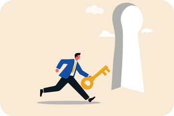 Unlocking Opportunity: Businessman Runs with Key Towards Keyhole, Symbolizing Access and Achievement.