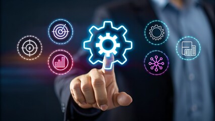 Automatic control system with modern technology for business management, businessman hand touching gears icon showing automation software operation