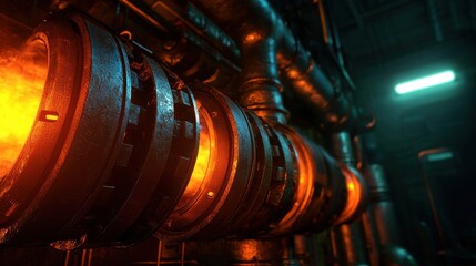 A close-up view of industrial pipes emitting glowing orange light, showcasing a complex network of machinery in a dark, high-tech environment.