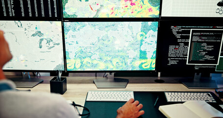 Screen, ecology and hand for map data with news, wind research or reporter. Presenter man, weather...