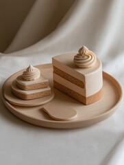 Elegant cake slice on a light-colored plate.  A delicate, light beige cake with a creamy frosting topping, presented artistically
