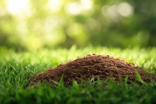 Fire Ant Mound. Close-up View of a Pest Hill in Grass Background