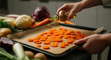 Hands pouring oil on sliced carrots tray for roasting Various fresh vegetables are visible in background