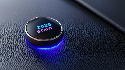 A futuristic button displaying "2026 START," illuminated in blue, set against a textured black background, symbolizing innovation and beginnings.