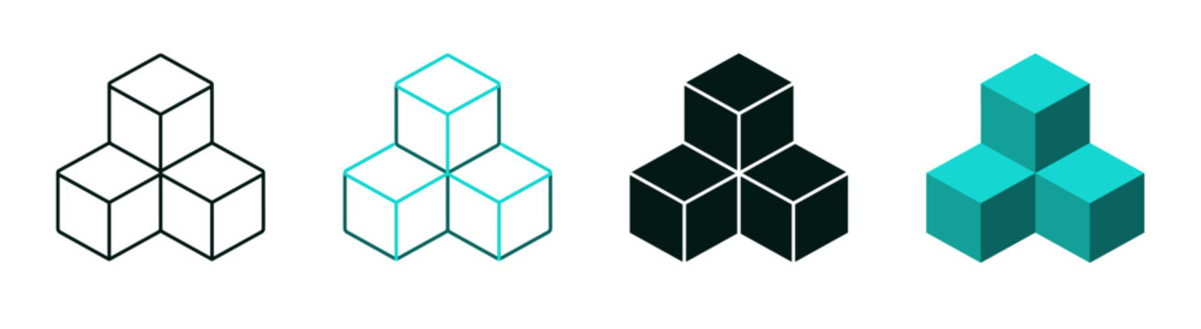 Blockchain technology icon set. Cube infrastructure. Block chain, crypto, cloud or building blocks concept. 3D cubes. Module structure. Line or solid logo for web or app.  Editable vector stroke. 