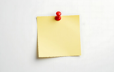 Close up, Yellow sticky post it note with red pushpin isolated on white background