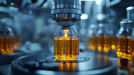 Precision Filling: A close-up shot showcases automated filling equipment meticulously dispensing liquid into pharmaceutical vials, highlighting technology and precision in manufacturing. 