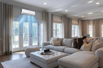 Fototapeta premium Modern living room with air conditioner running, curtains drawn, and remote placed on sofa