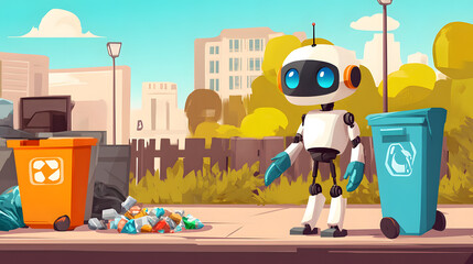 Cartoon superhero sorts trash and explains recycling process, ecology, garbage sorting