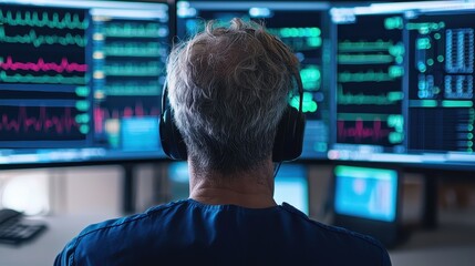 A person wearing headphones analyzes data displayed on multiple screens, likely in a medical or technical setting, focusing on vital signs and metrics.