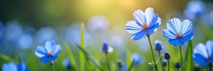 Vibrant blue petals of wildflowers in sunlight, vibrant, garden, close-up