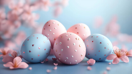 Decorated Easter Eggs Displayed With Pink Blossoms Against A Soft Blue Background