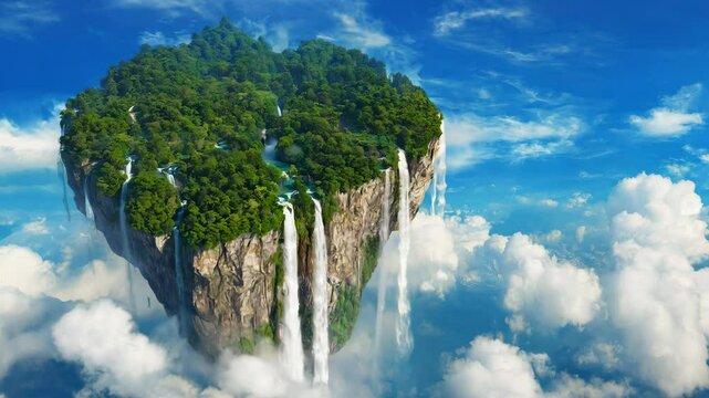 Majestic floating island with lush greenery and waterfalls drifting over cloudy skies in a dreamlike aerial adventure