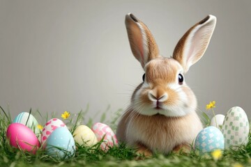 A realistic and adorable bunny is sitting amidst colorful pastel eggs in a grassy patch, creating a delightful scene that embodies the joy of Easter celebrations.