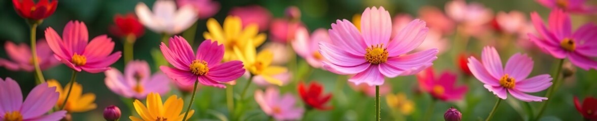 Fototapeta premium Cosmos flowers in full bloom in a vibrant garden setting, flora, petals