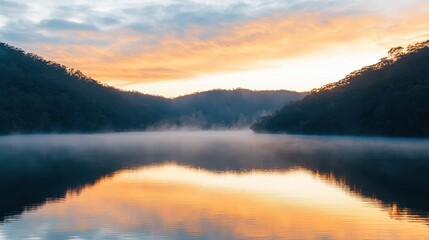 Fototapeta premium A serene lake reflects vibrant sunset colors, surrounded by misty hills, creating a tranquil and picturesque landscape.