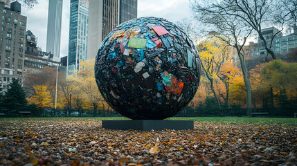 A globe-shaped sculpture made from recycled materials (plastic, metal, paper), ecology, garbage sorting