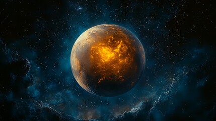 Fototapeta premium Glowing Fiery Planet in Space, A glowing, fiery planet in space with a starry background