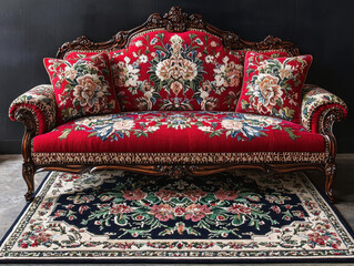 Contemporary living room featuring bold patterns in sofa and rug for a vibrant atmosphere
