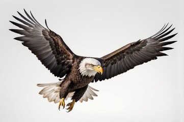 Obraz premium Majestic bald eagle in flight, wings spread wide against a white background.