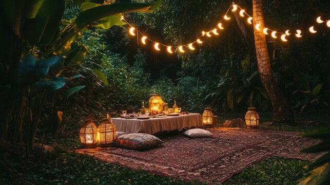 A picnic laid out under glowing crescent-shaped string lights
