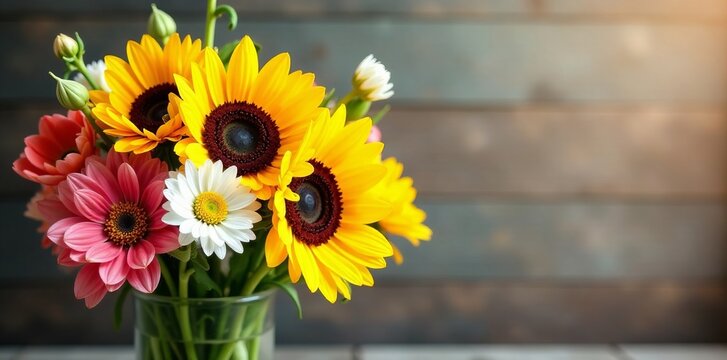 Vibrant bouquet of sunflowers, daisies, and tulips in full bloom, sunflowers, nature, colors