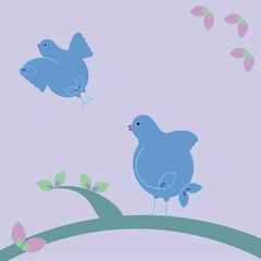 Two birds, one on a branch and one flying away. Vector Illustration. Cute and Pretty.