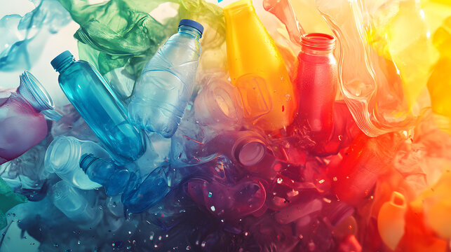 An artistic visualization of plastic waste magically transforming into reusable products like clothing, furniture, and new bottles, ecology, garbage sorting and recycling