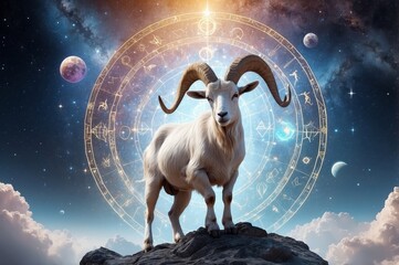 Majestic ram against cosmic zodiac background.