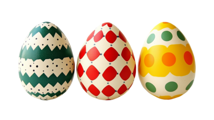 Three Decorated Easter Eggs with Various Patterns and Colors Isolated on Transparent Background