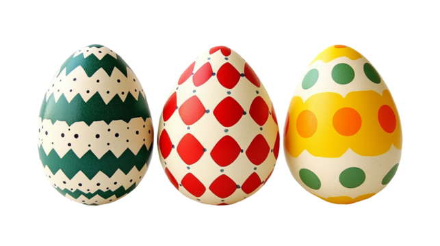 Three Decorated Easter Eggs with Various Patterns and Colors Isolated on Transparent Background