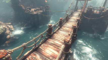 Bridge to the Past: A weathered bridge connects two dilapidated structures amidst choppy waters, creating a scene of historical allure.