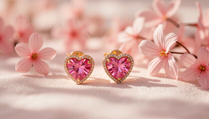 Charming heart-shaped earrings on soft fabric with flowers, romantic gift