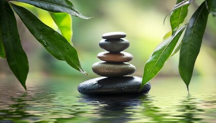 zen stones and green leaves