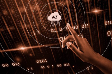 L'index d'une main d'une femme &agrave; la peau noire touche l'&eacute;cran pour utiliser l'intelligence artificielle sur fond de donn&eacute;es binaires 
