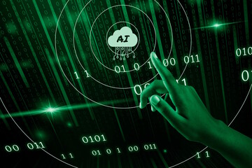 L'index d'une main d'une femme &agrave; la peau noire touche l'&eacute;cran pour utiliser l'intelligence artificielle sur fond de donn&eacute;es binaires 