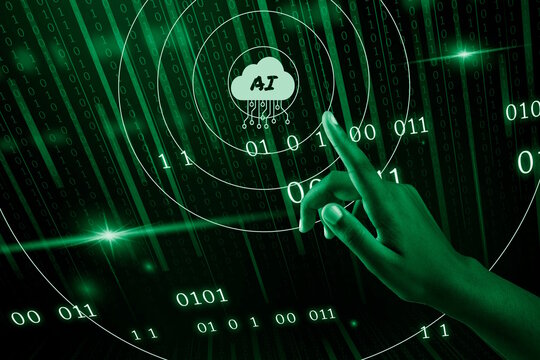 L'index d'une main d'une femme à la peau noire touche l'écran pour utiliser l'intelligence artificielle sur fond de données binaires 