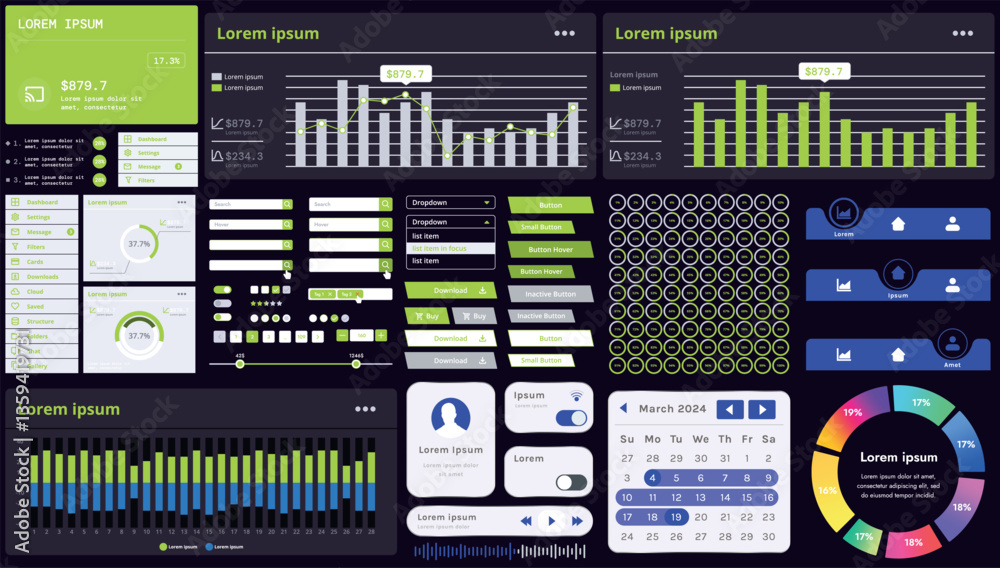 Poster set of modern interface elements for apps and websites: buttons, menus, graphs and charts for busine