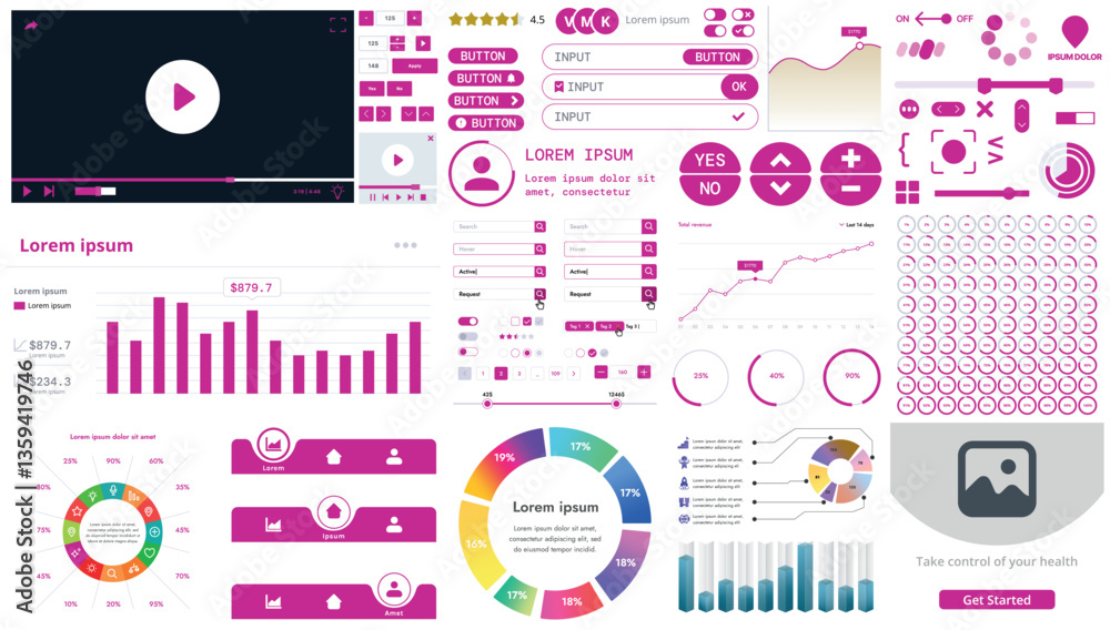 Poster set of modern interface elements for apps and websites: buttons, menus, graphs and charts for busine