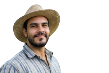 smiling farmer in straw hat, warm smile and friendly demeanor