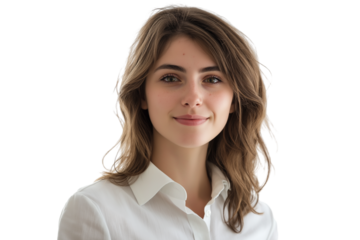 woman with light brown hair and fair skin, dressed in white collared shirt